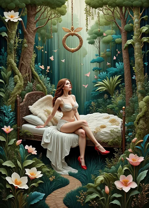 (Jean=Contemporary Abstract Oil Painting Design by François Millet ,masterpiece, high quality, high image quality, and high precision, photorealistic),fairy tale scene、Deep in the Forest、cute woman、(On the Midori Grass、1 angel sitting on a mossy wooden bed...