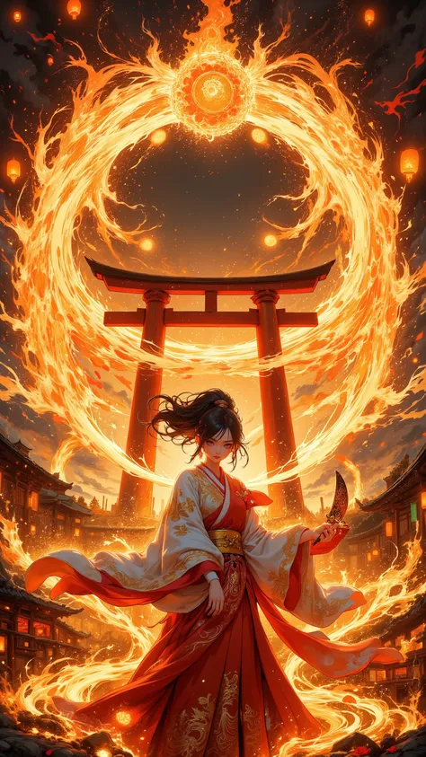 FLUX style, ultra-detailed panoramic cinematic masterpiece -- A grand fire festival unfolds beneath a twilight sky, where countless sacred flames rise in harmony with the night. Towering bonfires blaze across the horizon, their golden sparks drifting upwar...