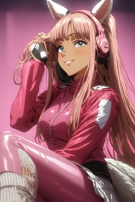 manga style:1.4, A woman wearing an Alicia  , wears a tight pink body and a short pink jacket with long sleeves and two-tone gloves..,  cosplay costume and white socks and white cosplay shoes  , She has long hair with two pink pigtails with headphones shap...