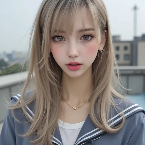 (masterpiece:1.2),(very detailed),(stick),8k,32k,Wallpaper ,live-action,real,Gentle smile,Gal,sticking out the tongue which is NTR,beautiful long lustrous blonde,sailor suit,beautiful brown eyes,School Rooftop,Hair Fluttering in the Wind,looks surprised an...