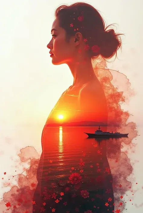 High quality，8K Ultra HD，美丽的Doubleexposure，combines the silhouette of the goddess with the sunset coast，The sunset coast should be used as the bottom background，details are incorporated into the goddess's silhouette，Clear lines，The background is monochroma...