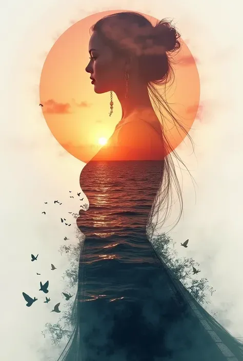 High quality，8K Ultra HD，美丽的Doubleexposure，combines the silhouette of the goddess with the sunset coast，The sunset coast should be used as the bottom background，details are incorporated into the goddess's silhouette，Clear lines，The background is monochroma...