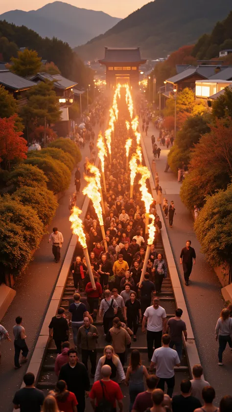 highdefinition picture、Kyoto、Kurama Fire Festival、A number of people running up the stairs with large thick torches、