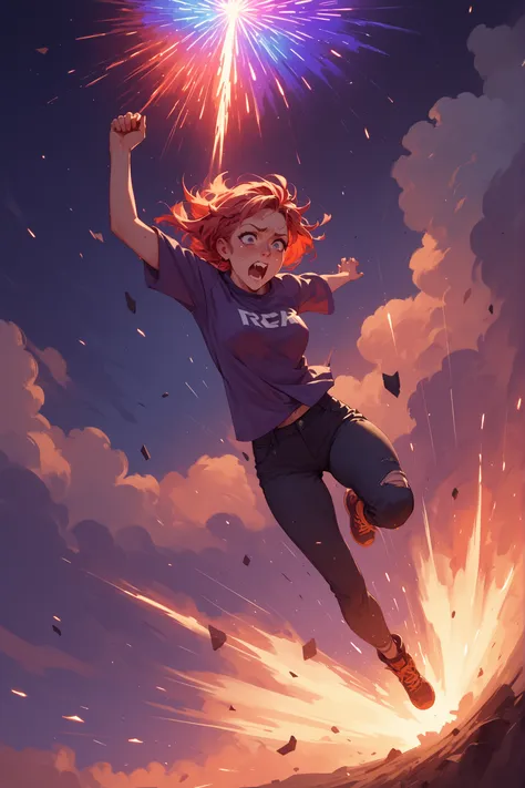 A girl is being hurled into the air by a firework rocket, her pants are stuck to the rocket, she's screaming