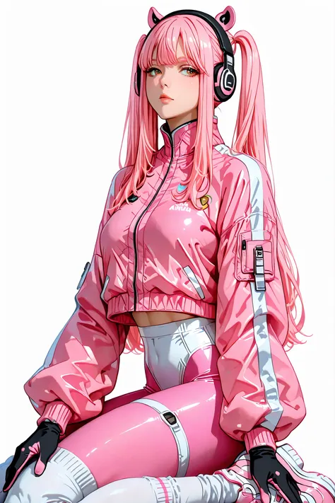A woman wearing an Alicia , wears a tight pink body and a short pink jacket with long sleeves and two-tone gloves., cosplay costume and white socks and white cosplay shoes , She has long hair with two pink pigtails with headphones shaped like animal ear...