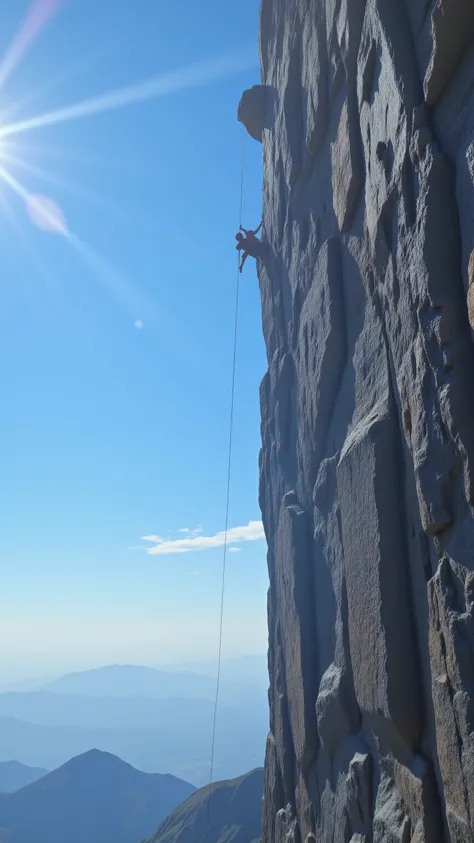 With high definition images, capture the thrilling moment of Sylvester Stallone, wearing light clothing, free climbing a towering cliff in the expansive blue sky. The scene boasts an intricate texture, showcasing every crevice and crack on the rocky surfac...