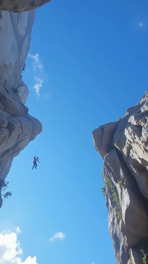 With high definition images, capture the thrilling moment of Sylvester Stallone, wearing light clothing, free climbing a towering cliff in the expansive blue sky. The scene boasts an intricate texture, showcasing every crevice and crack on the rocky surfac...