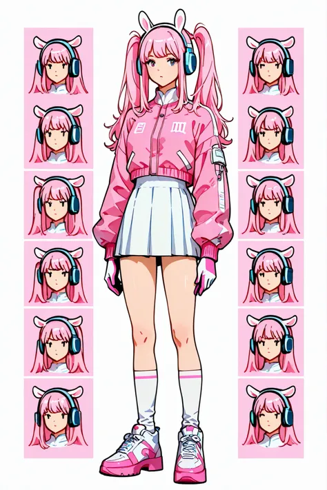 ((centered image, a general plan, Whole body:1.5, of a beautiful woman with exaggerated features caricaturized in the kawaii style :1.52, A woman wearing an Alicia , wear a tight pink body and a short pink jacket with long sleeves and two-tone gloves., ...