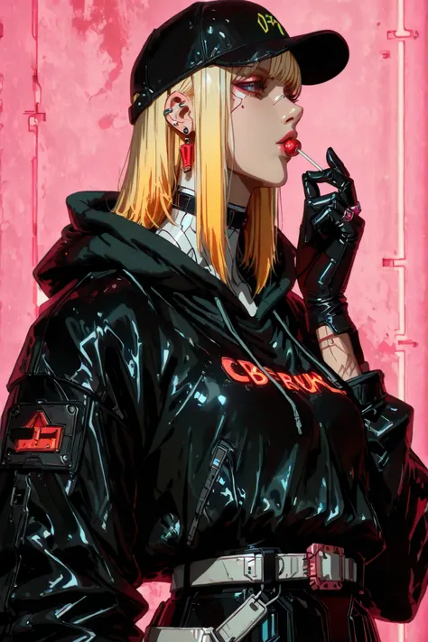 Anatomically correct , anime girl with blond hair and a baseball cap eating candy, is in profile and looks at the camera with a complicit look , wears a black leather jacket with a raised jacket collar , with letters in red and white , a black leather sk...
