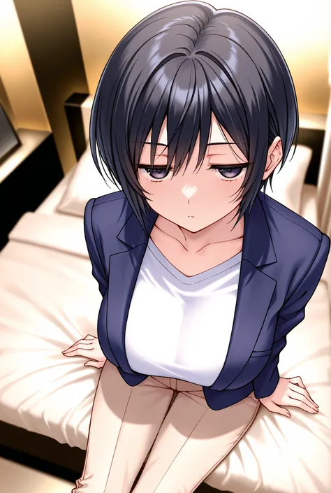 best image quality,1 woman,black hair short cut hair, 白いインナーTshirt,shirt,Wear a navy blue jacket,big boobs,beige pants,business hotel,sitting on a double bed,beautiful eyes,high angle,jitome