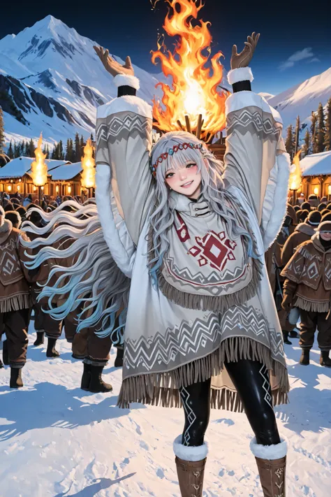 girl,  

(Background: Snowy Mountain Tribal Village, Square, mountains, Tribal festivals, crowd, A big flame burning in the back, night),  

(dancing, Stretched out arms up and raised high, Wiggling hips), 

((Long Voluminous Wavy Hair:1.3), (half up braid...