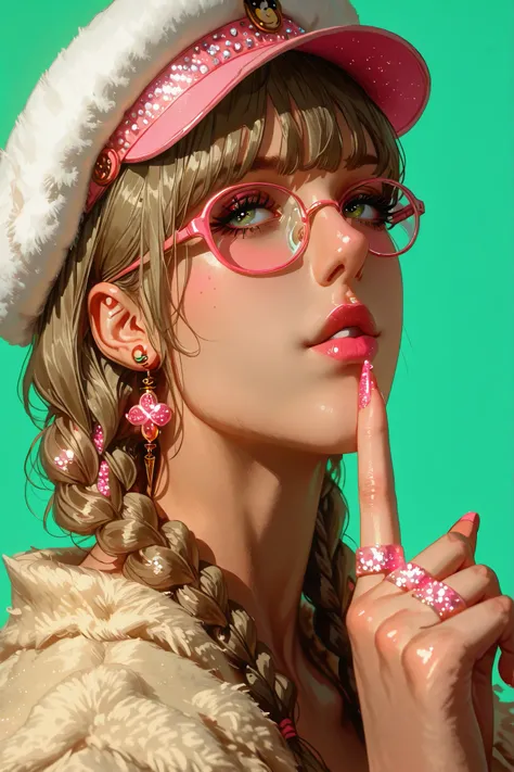 Close-up of a person wearing a hat with pink sequins and bright glasses and round colored glasses She wears her index fingers close to her mouth, Put your lips as if you were going to kiss painted with pink glitter , on her fingers she wears rings sh...