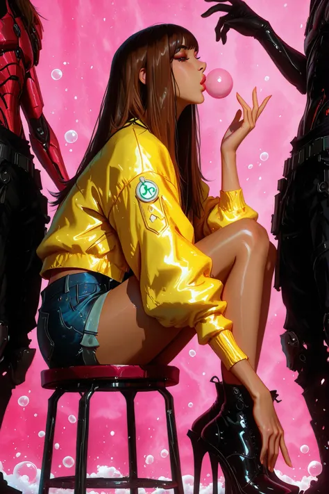 full body overview, Look at the camera from the side , false eyelashes a woman sitting on a stool making bubbles with chewing gum a yellow jacket with fallen men denim shorts, she is sitting next to the camera with a raised hand making with her fingers...