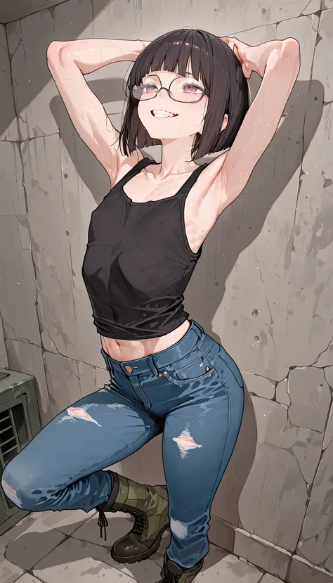 28 year old single woman asian short bob Dark Haired Glasses Slender Abs flat chest black tank top combat boots blue jeans Concrete Wall Room Cross Your Hands Behind Your Head teeth grins Extreme sadism