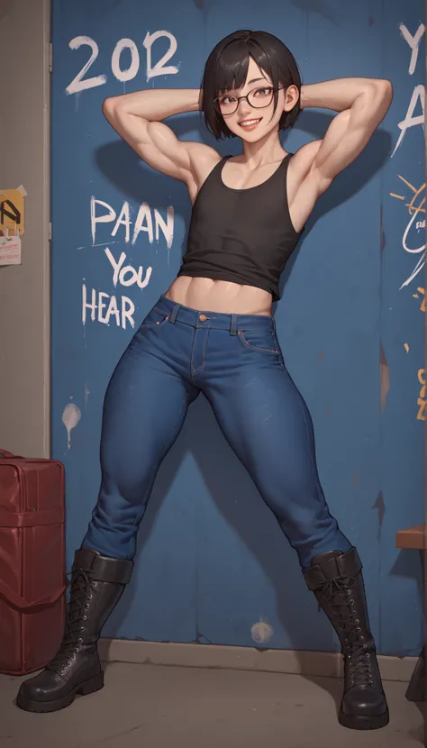 28 year old single woman　asian　short bob　Dark Haired　Glasses　　Slender　Abs　flat chest　black tank top　　combat boots　blue jeans　 Concrete Wall Room　Cross Your Hands Behind Your Head　teeth　grins　Extreme sadism
