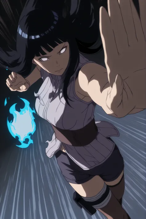 hyuuga hinata, long hair, black hair, white eyes, thighhighs, torn obi, shorts, sleeveless, black hair, white eyes, no pupils, thigh holster, perspective, martial art stance, good perspective, Dutch angle, , upperbody , speed line, blue flame, solo levelin...