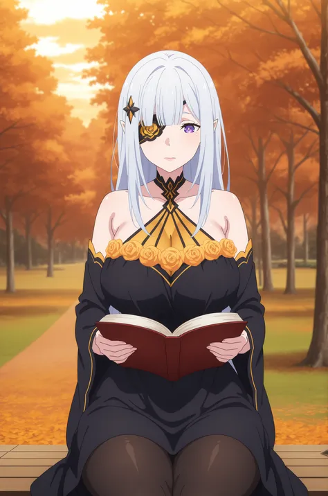 anime screencap, anime coloring, detailed face, masterpiece, best quality, very aesthetic, absurdres, volumetric lighting, adult ReZero, Solo, Satella-God, Anime, 1girl, Mature adult Female, long hair, pointy ears, hair ornament, silver hair, lips, purple ...