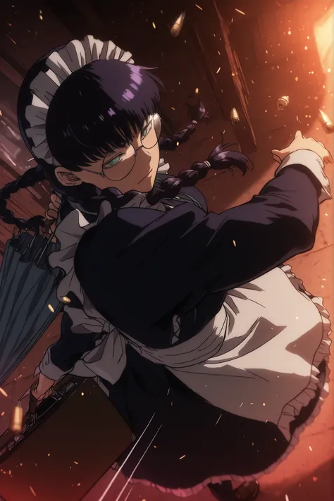 roberta, round glasses, maid, black hair, twin braids, dark purple hair, umbrella,, perspective, good perspective, Dutch angle, , speed line, solo leveling style, solo leveling artstyle, dark lighting, Bullet casings in the air, slow motion, embers, inside...