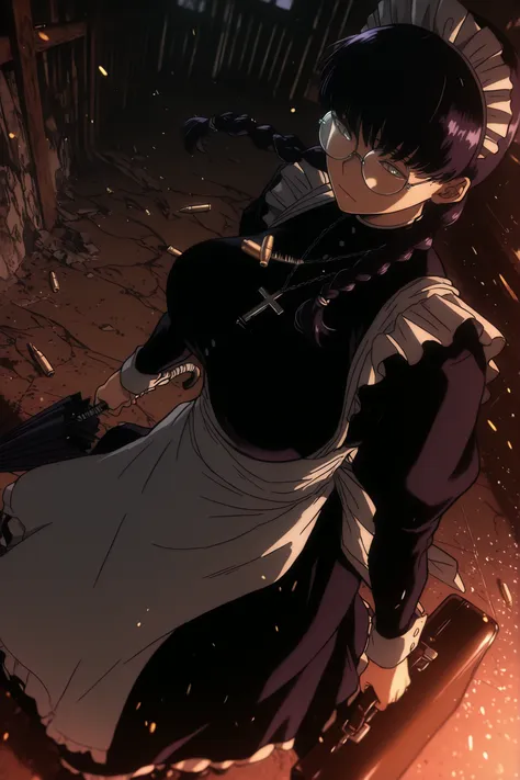 roberta, round glasses, maid, black hair, twin braids, dark purple hair, long sleeves, cross, wielding an umbrella and a briefcase, perspective, good perspective, Dutch angle, good Anatomy, solo leveling style, solo leveling artstyle, dark lighting, Bullet...