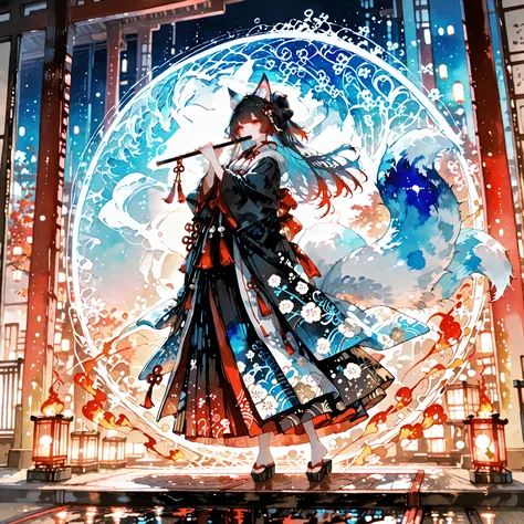 cutecore, (((Watercolor-style))),(((Watercolor))),((no-outline)),((no- borders)),Blurred, ima_AI123, aquarelle, watery , transparent , bloom , water stain, Watercolor style illustration, soft gradients and translucent layers.
A majestic nine-tailed kitsun...