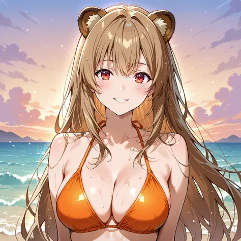 Honami Ichinose  with long flowing light-brown hair, a sly and self-assured smile, and softly radiant red eyes. She has raccoon ears in the same warm brown tone, a slender body with elegant curves, and wears an orange bikini that accentuates her figure. Sh...