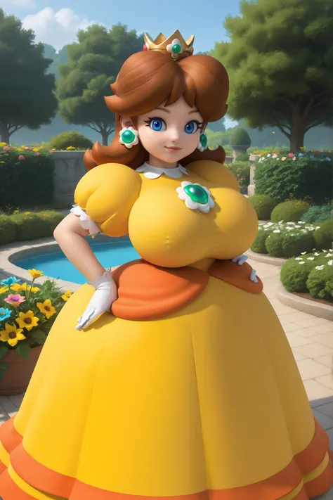 short puffy sleeves, dress, flower gem chest, gloves,princess daisy, blue eyes, brown hair, crown, earrings, white gloves, puffy sleeves, gloves, garden background, high quality, gigantic breasts, huge ass, from front, smile, very tall, slim waist, promine...