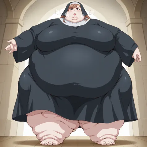 fabinikupriestess, brown hair, long hair, blue eyes, nun, habit, breasts, fat, chubby, obese, fat neck, multiple chins, big breasts open mouth, out of breath, Larger female, full body shot, only head, large head, oversized limbs, large hands, large feet, o...