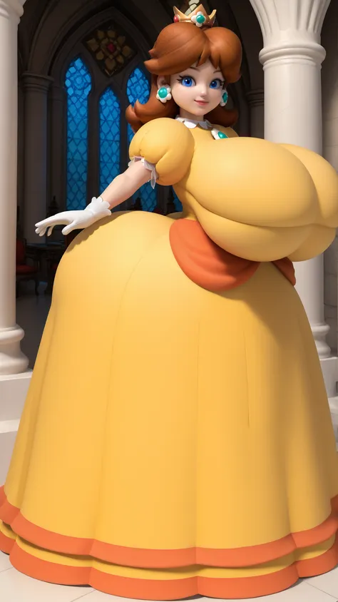 short puffy sleeves, dress, flower gem chest, gloves,princess daisy, blue eyes, brown hair, crown, earrings, white gloves, puffy sleeves, gloves, castle background, high quality, (gigantic breasts:1.4), (huge ass:1.3), from behind, smile, very tall, slim w...