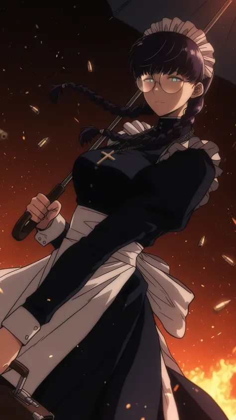 roberta, thick round glasses, maid, black hair, twin braids, dark purple hair, long sleeves, cross, wielding an open umbrella in her left hand and a briefcase in her right hand, open umbrella above her head, she holds the umbrella open to protect herself f...