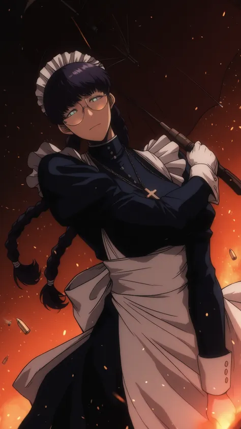 roberta, thick round glasses, maid, black hair, twin braids, dark purple hair, long sleeves, cross, wielding an open umbrella in her left hand and a briefcase in her right hand, open umbrella above her head, she holds the umbrella open to protect herself f...