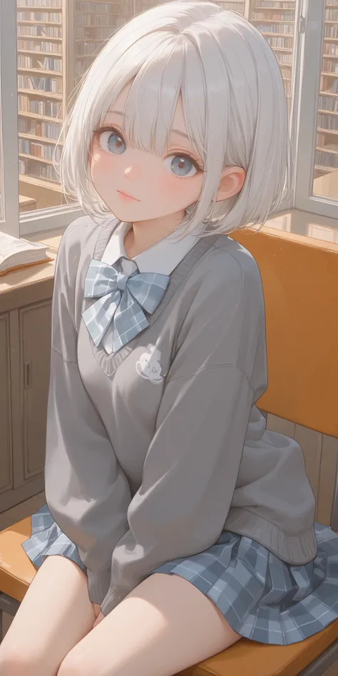 masterpiece, best quality, ultra detailed, atnr, 1girl, white hair, short bob cut hairstyle, sitting, library, checkered ribbon, looking at viewer, overly detailed pupils, blue eyes, gray sweater, wind, checkered skirt