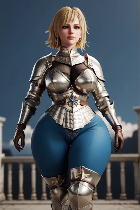 sxy5tyle,PONYXL_STYLE_Jackerman_ownwaifu,,faraamset, knight, leather gloves and boots, Great female warrior, noble warrior armor of blue and white, short blonde hair, pink lips, blue eyes, thick thighs, wide hips, large breasts.