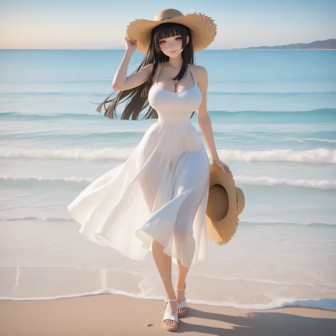 masterpiece, ultra-HD, impressionism, high detail, best quality, very aesthetic, 8K, best quality, beautiful, ultra-high resolution, 32K UHD, sharp focus, 3D, 1woman, solo, long hair, black hair, straight hair, loose hair, blunt bangs, long locks, almond-s...