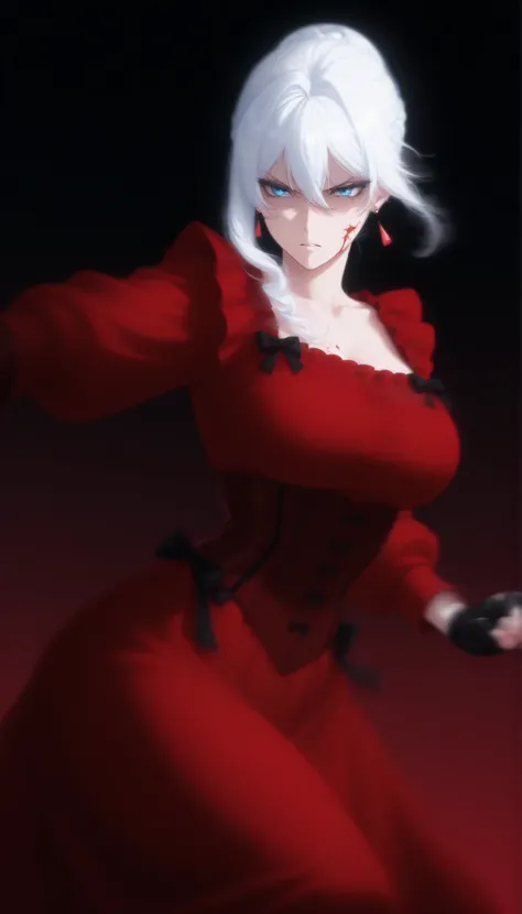 white hair,long hair,braid,braided bun,single hair bun,hair between eyes,blue eyes,1girl,solo,earrings,jewelry,anime_style,
victorian dress red, red corset, red skirt, red dress, black bow on chest, black bow on side, black bow on skirt, long sleeves, earr...