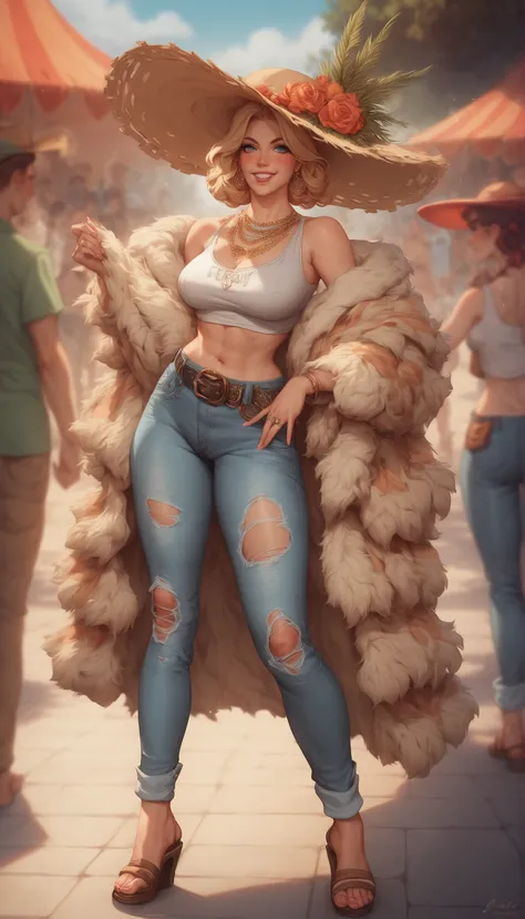 Bohemian chic with a touch of style : She wears a wide-brimmed hat. , layered necklaces, and a flowing printed shawl . Her outfit includes a white crop top combined with ripped high-waisted jeans and strappy sandals.. complemented by a leather belt ....