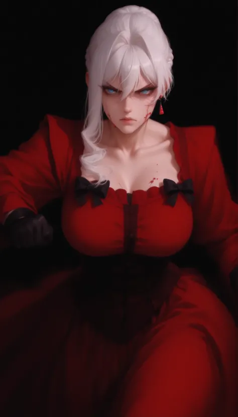 white hair,long hair,braid,braided bun,single hair bun,hair between eyes,blue eyes,1girl,solo,earrings,jewelry,anime_style,
victorian dress red, red corset, red skirt, red dress, black bow on chest, black bow on side, black bow on skirt, long sleeves, earr...