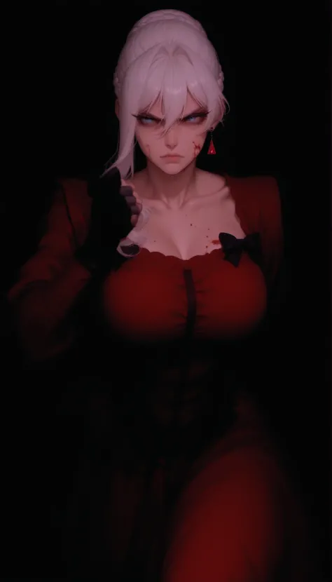 white hair,long hair,braid,braided bun,single hair bun,hair between eyes,blue eyes,1girl,solo,earrings,jewelry,anime_style,
victorian dress red, red corset, red skirt, red dress, black bow on chest, black bow on side, black bow on skirt, long sleeves, earr...