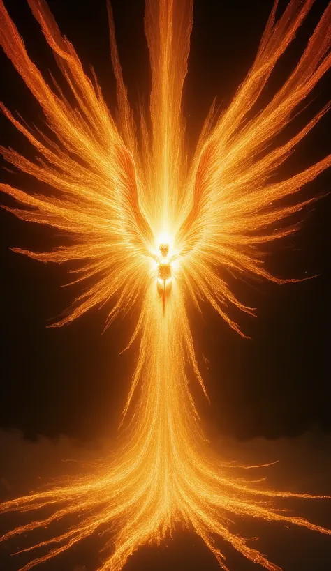 Ancient mythology style, Archangel Uriel is being of unparalleled light erupting in golden sunflares that form a Phoenix around his angelic beauty, flame radiating and abstract like living flame layered like leaves in dmai style yellow, orange red、The mome...