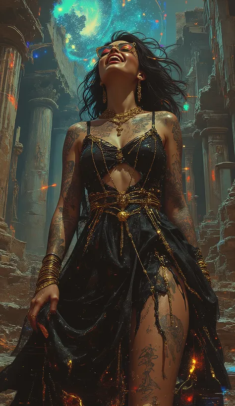 In the style of Neon glitch mosaic surrealism, we see a photo-realistic bizarre portrait of a beautiful, and Charismatic caucasian half black lady of mixed heritage bearing a large gap toothed infectious smile between dimpled cheeks, graceful yet an outca...