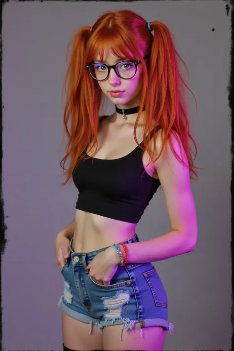 Young bouncy little thing, thigh gap ,Photography, ultra-detailed, finely detail, young girl, bright orange hair:1.4, shoulder-length orange twin tails:1.5, black eyes:1.2, glasses:1.3, middle part no bangs, loose strands of hair framing face on both sides...
