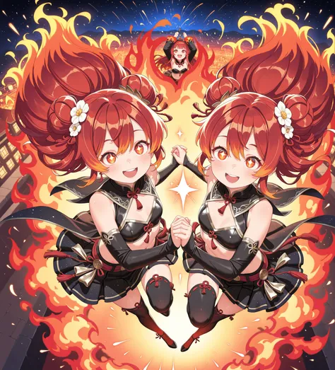 High Quality, masterpiece, Ultra High Definition, Fire Festival Night Girls, two girls on the stage on fire, twins, Traditional Fire Festival Center, countless flames and sparks soaring in the night sky, Smiles Illuminated in Red and Gold, Festival sexy Co...