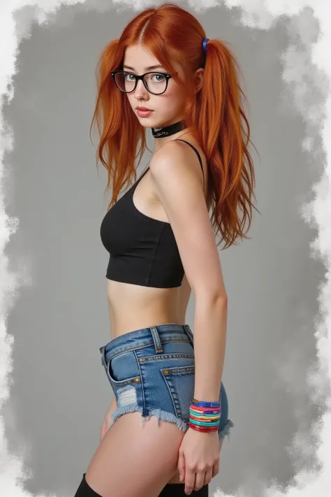 Young bouncy little tiny thing, thigh gap (skimpy clothes),Photography, ultra-detailed, finely detail, young girl, bright orange hair:1.4, shoulder-length orange twin tails:1.5, black eyes:1.2, glasses:1.3, middle part no bangs, loose strands of hair frami...