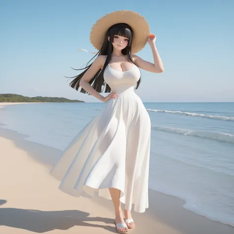 masterpiece, ultra-HD, impressionism, high detail, best quality, very aesthetic, 8K, best quality, beautiful, ultra-high resolution, 32K UHD, sharp focus, 3D, 1woman, solo, long hair, black hair, straight hair, loose hair, blunt bangs, long locks, almond-s...