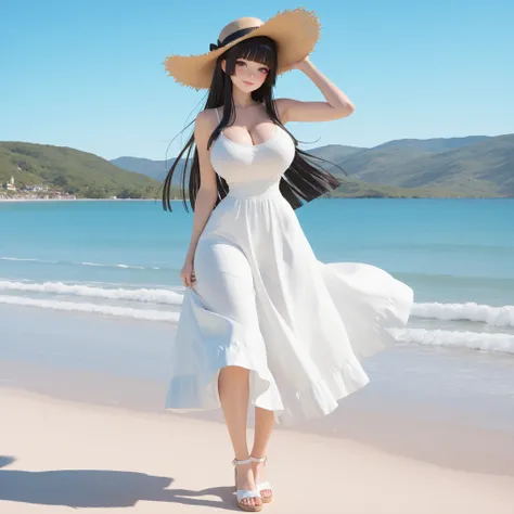 masterpiece, ultra-HD, impressionism, high detail, best quality, very aesthetic, 8K, best quality, beautiful, ultra-high resolution, 32K UHD, sharp focus, 3D, 1woman, solo, long hair, black hair, straight hair, loose hair, blunt bangs, long locks, almond-s...