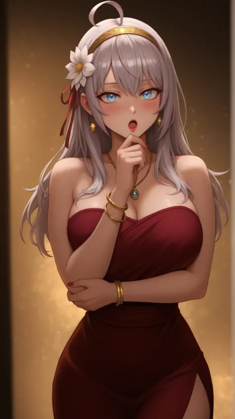 masterpiece, best quality, amazing quality,, alisa mikhailovna kujou, long hair, bangs, blue eyes, hair ribbon, ahoge, grey hair, red ribbon, mature female, large breasts, anime screencap, yorsredgown, hair ornament, dress, jewelry, bare shoulders, flowe...
