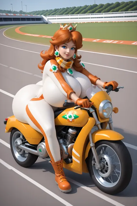 Daisy is wearing her iconic biker outfit while riding a motorcycle. She is wearing a white, skin tight, full body jumpsuit, with an orange belt, orange gloves, orange boots, an orange scarf, and a green gem centerpiece in the shape of a daisy. She has medi...