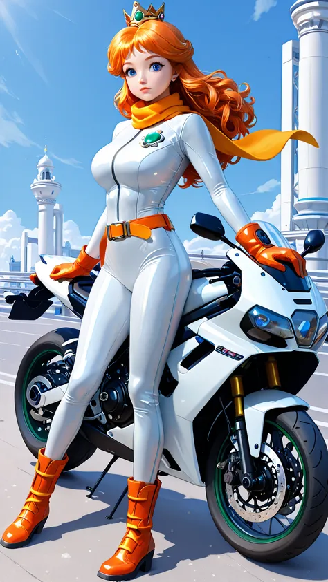 Daisy is wearing her iconic biker outfit while riding a motorcycle. She is wearing a white, skin tight, full body jumpsuit, with an orange belt, orange gloves, orange boots, an orange scarf, and a green gem centerpiece in the shape of a daisy. She has medi...