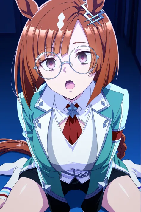masterpiece,best quality,amazing quality,absurdres, BREAK 1girl,solo,Ikuno Dictus\(umamusume\)mature female,anime screencap,round eyewear,socks,showing a phon,open_mouth, mind_control, empty eyes,room:1.2, at night