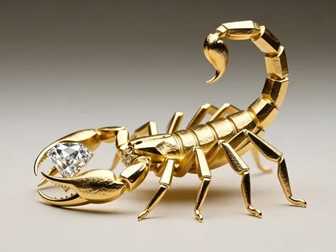 Stylized scorpion sculpture in rough matte gold, profile shot, side shot, clean geometric proportions, high-end jewelry aesthetic, matte surfaces, eight long legs, natural metal texture, long claws wrapped around a diamond, elegant curved tail, simplified ...