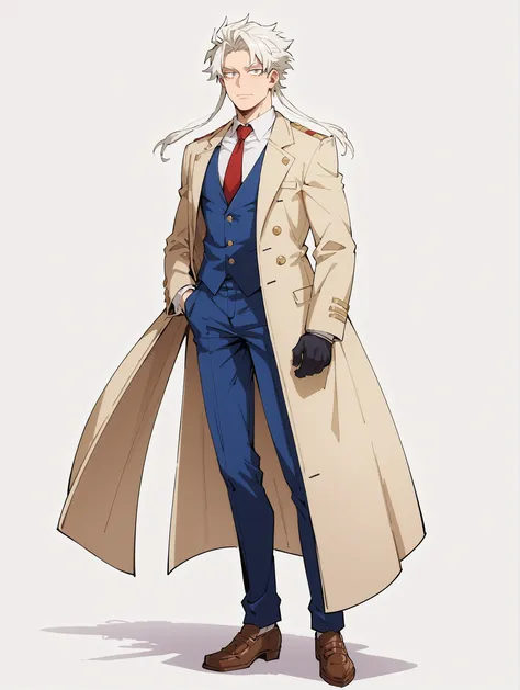 I_no_hero_Academia_style, 1 male, slim build, elegant complexion, piel clara, white hair, cabello albino, hairstyle with loose locks, greyish eyes , sharp eyes, confident expression, seductive expression, classic three-piece suit, suits shades of brown an...